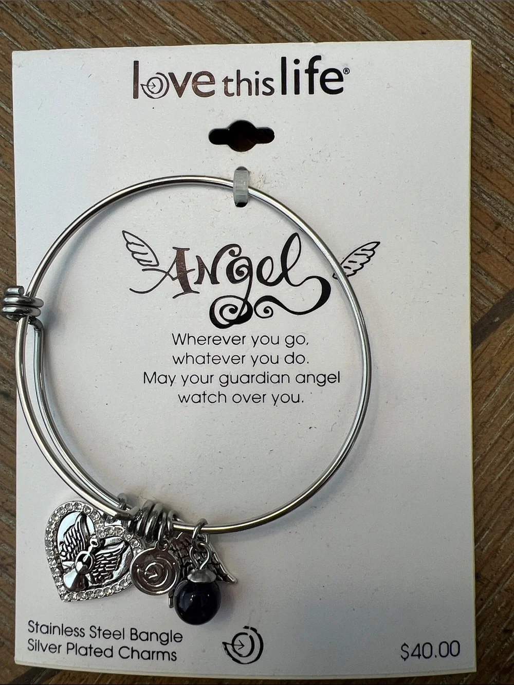 Silver Stainless Steel Angel Charm Bangle with Black Bead